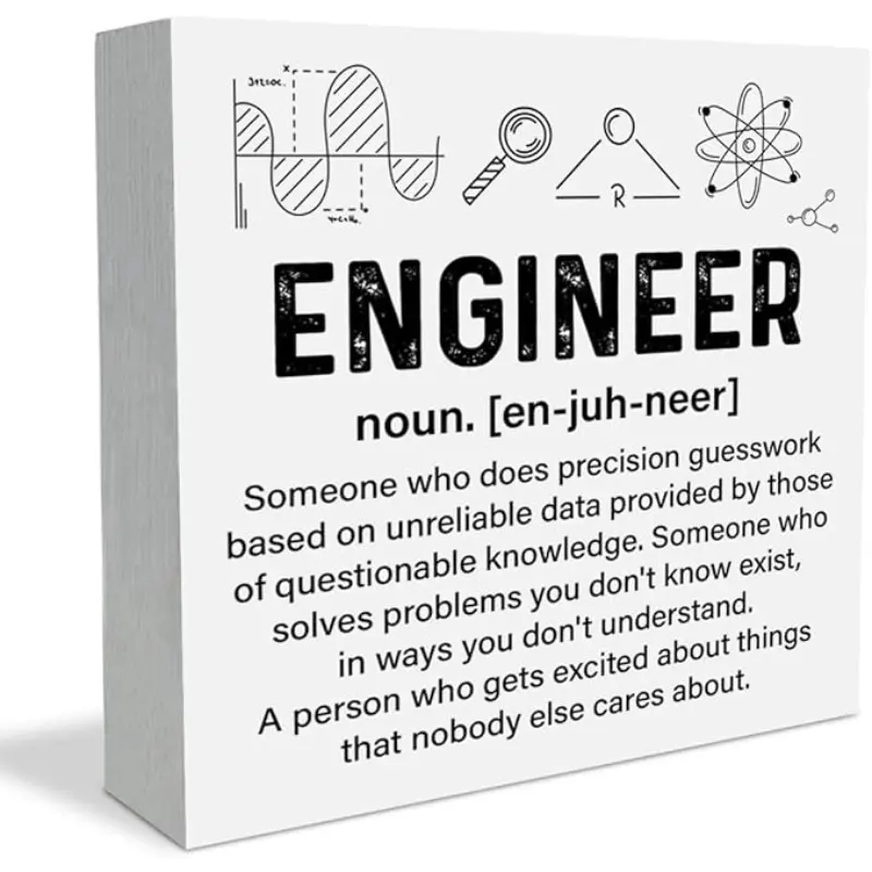 Engineer Decor Wooden Box Sign, Engineering Gifts for Engineers Civil Software Mechanical Electrical, Engineer Definition Decorative Plaque Sign for Home Office Shelf Table 5x5 inch