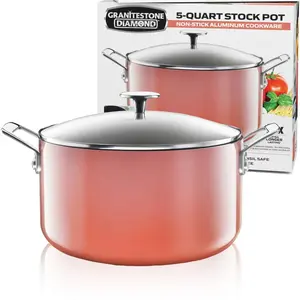 5QT Coral Nonstick Stock Pot with Glass Lid, Multi-Use Soup & Pasta Pot for Boiling, Stewing & Baking, Oven Safe Aluminium