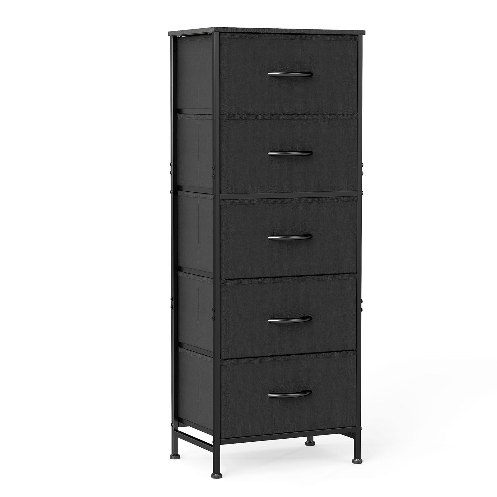 Nightstand with 5 Drawers, Bedside Table with Removable Fabric Bins, Sturdy Steel Frame Wood Top Skinny Dresser   cabinet  for Bedroom Closet Living Room, Black