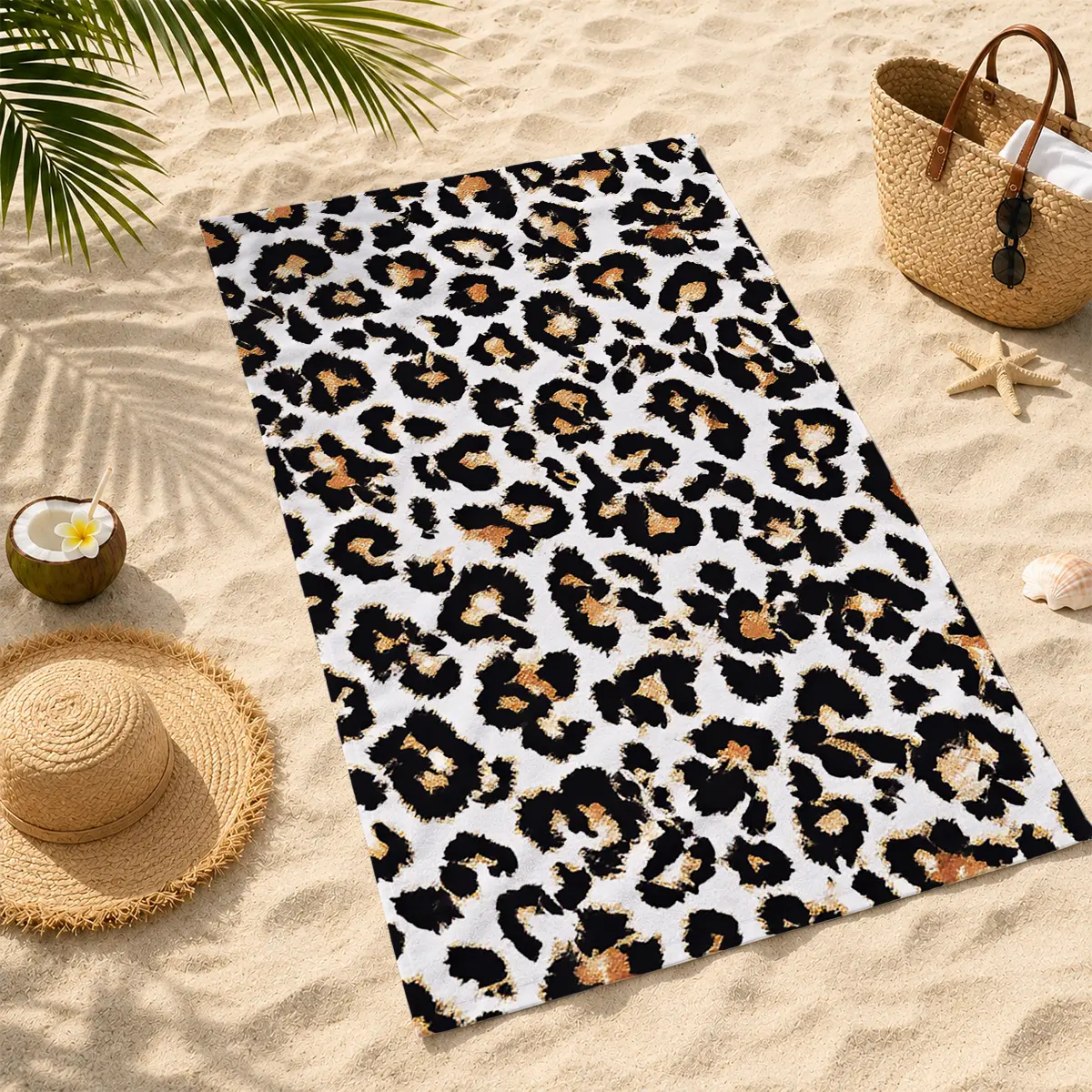 Leopard Print Beach Towel, Black White Animal Print Microfiber Quick Dry Sand-Free Towel, Soft Absorbent Lightweight Travel Towel for Beach, Pool & Vacation, 20×40in / 28×55in / 31×71in