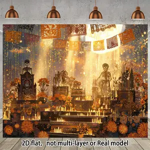2D Flat Day of the Dead Banner Vibrant Mexican Sugar Skulls Marigold Flowers & Ofrenda Altar Design with Skeleton Figures Papel Picado Día de los Muertos Party Decorations White Ornaments Backdrop Photo