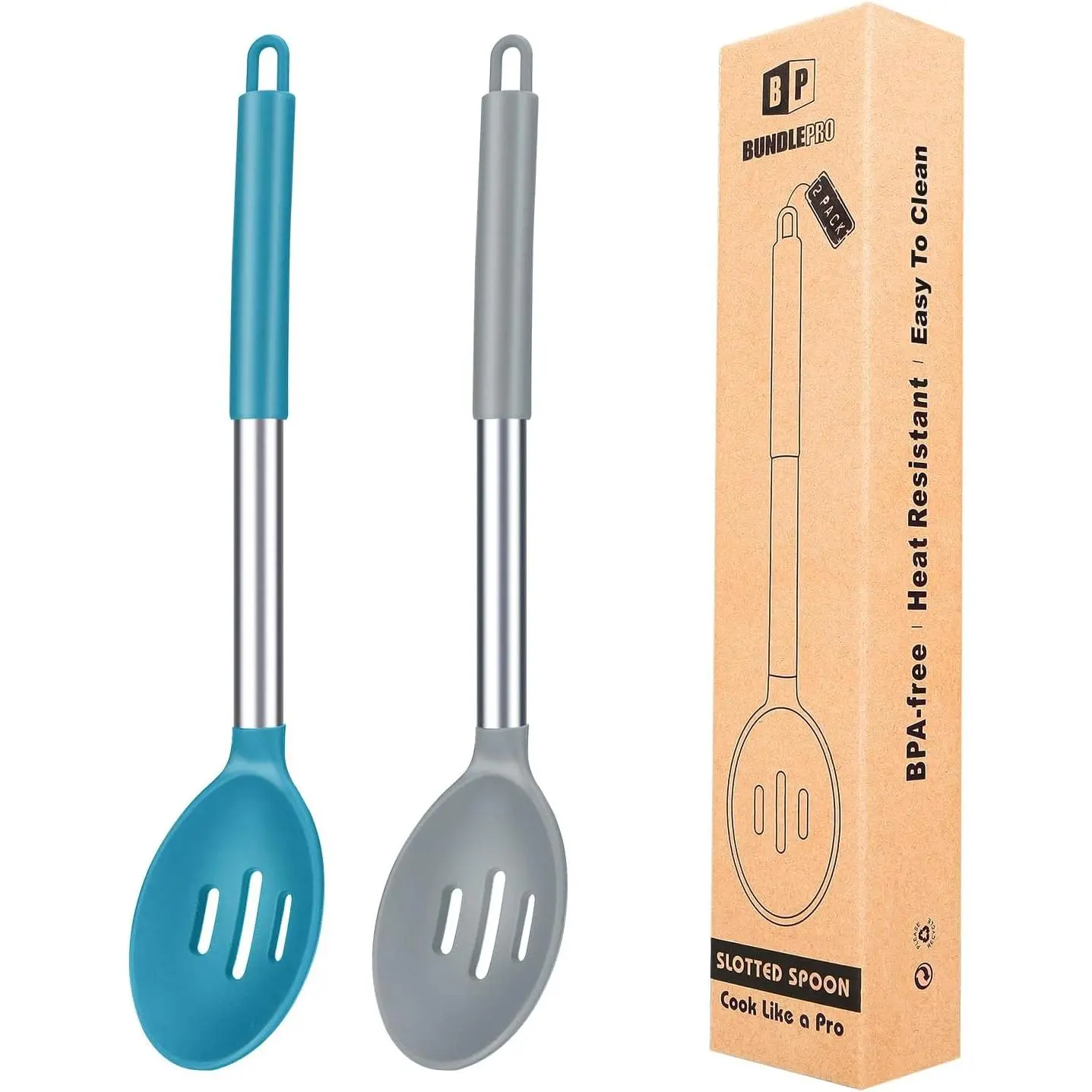 Pack of 2 Large Silicone Slotted Spoon Utensil Set - High Heat Resistant, BPA Free, Non Stick Kitchen Skimmer Ladle Strainers for Draining, Frying (Gray-Blue)