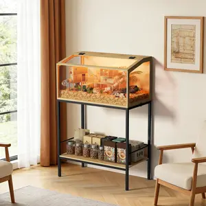 Bingopaw Modern Hamster Cage with Storage Shelf and LED Light, Chewproof Glass Hamster Cage, Clear Tempered Glass Modern Habitat with Top Opening Wide 31.5” (Excluding Interior Decor)