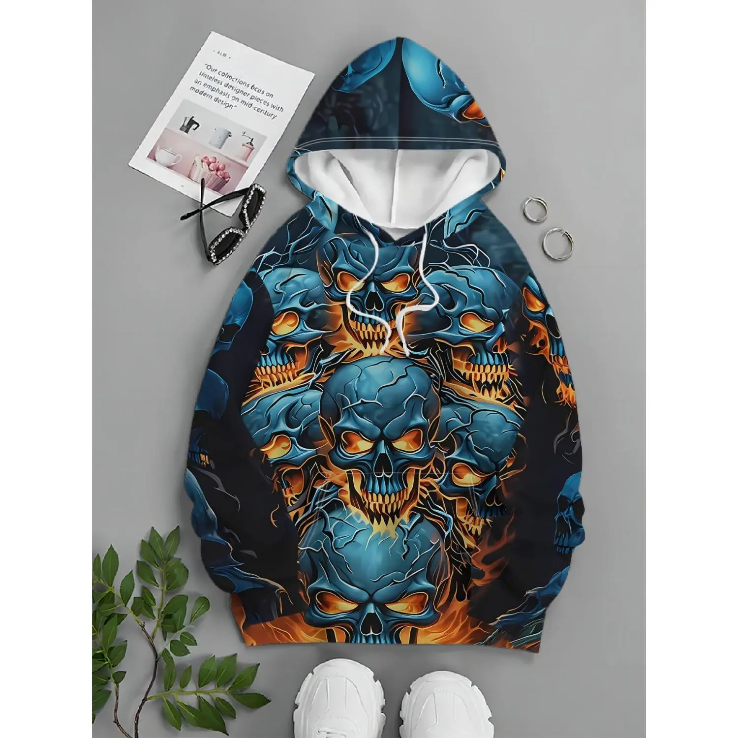 Flame-Encircled Skull Hooded Sweatshirt: Men’s Street Fashion with Mysterious Vibes
