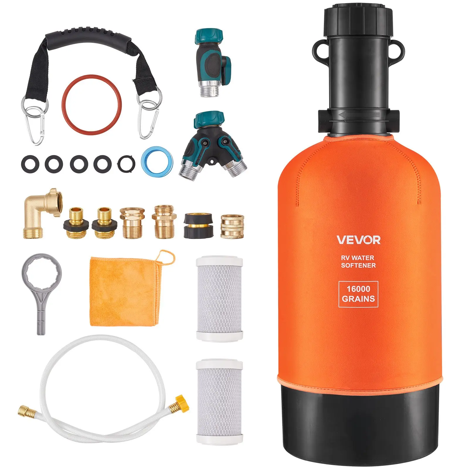 VEOVR VEVOR Compact Outdoor RV Water Softener with Filter, 16000 Grain, 3/4" NPT Fittings, Food-Grade Resin, Quick Connect, Portability Focus, Mobile Wash Ready, 2461 Gal Capacity, for Camping, RV Living