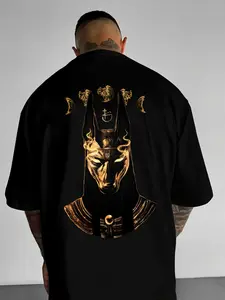 Dark Style Streetwear Round Neck T-Shirt, Ancient Egyptian Mythology Mummy Guardian Landscape Print, Summer Outdoor Breathable Comfort Fitted Tee