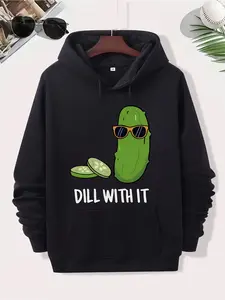 Men's Funny Pickle Print Hooded Sweatshirt - Dill with It Pun Graphic, Black with Green Pickle Design, Casual Streetwear Pullover, Machine Washable, All-Season Comfort Fit for Everyday & Themed Events, Medium Elast
