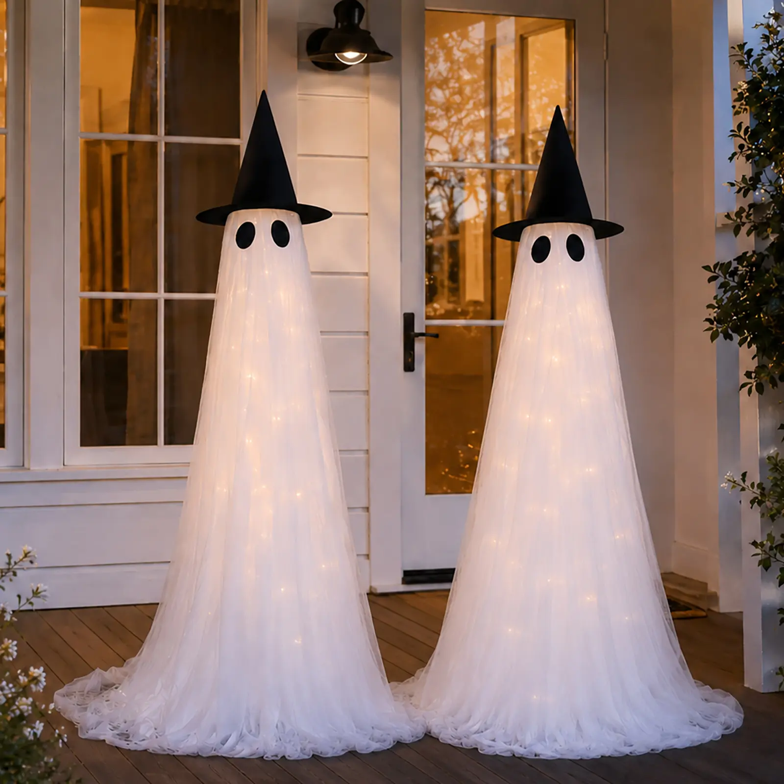 2 Pack Halloween Decorations Outdoor, 5FT Adjustable Light Up Standing Ghosts with Remote Control, Wind-Resistant Large Outdoor Ghost Decor for Porch, Yard, Lawn & Garden