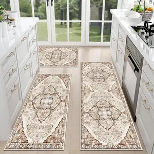 American Persian Style Kitchen 3-Piece Carpet Set, Non Slip Kitchen Entrance Mat, Soft Bedroom Bedside Mat, Ideal for Laundry Room Decoration, Kitchen Rugs Sets