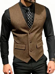 Men's Slim-Fit Herringbone Wool Tweed Vest: Elevate Casual & Semi-Formal Styles