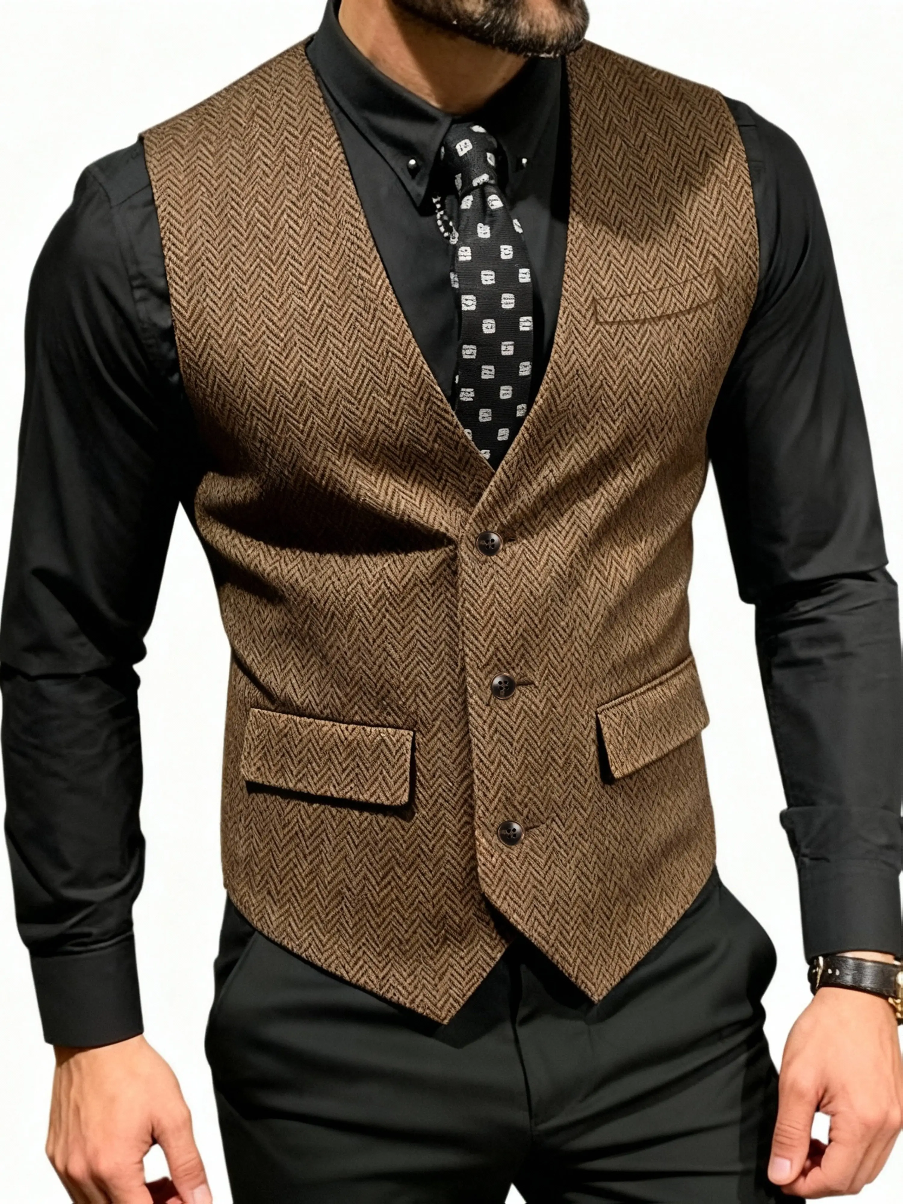 Men's Herringbone Tweed Vest, Slim-Fit Sleeveless Wool Menswear for Casual Outfits, Breathable with Pockets, Dress, Office, Layer, Buttons, Basic