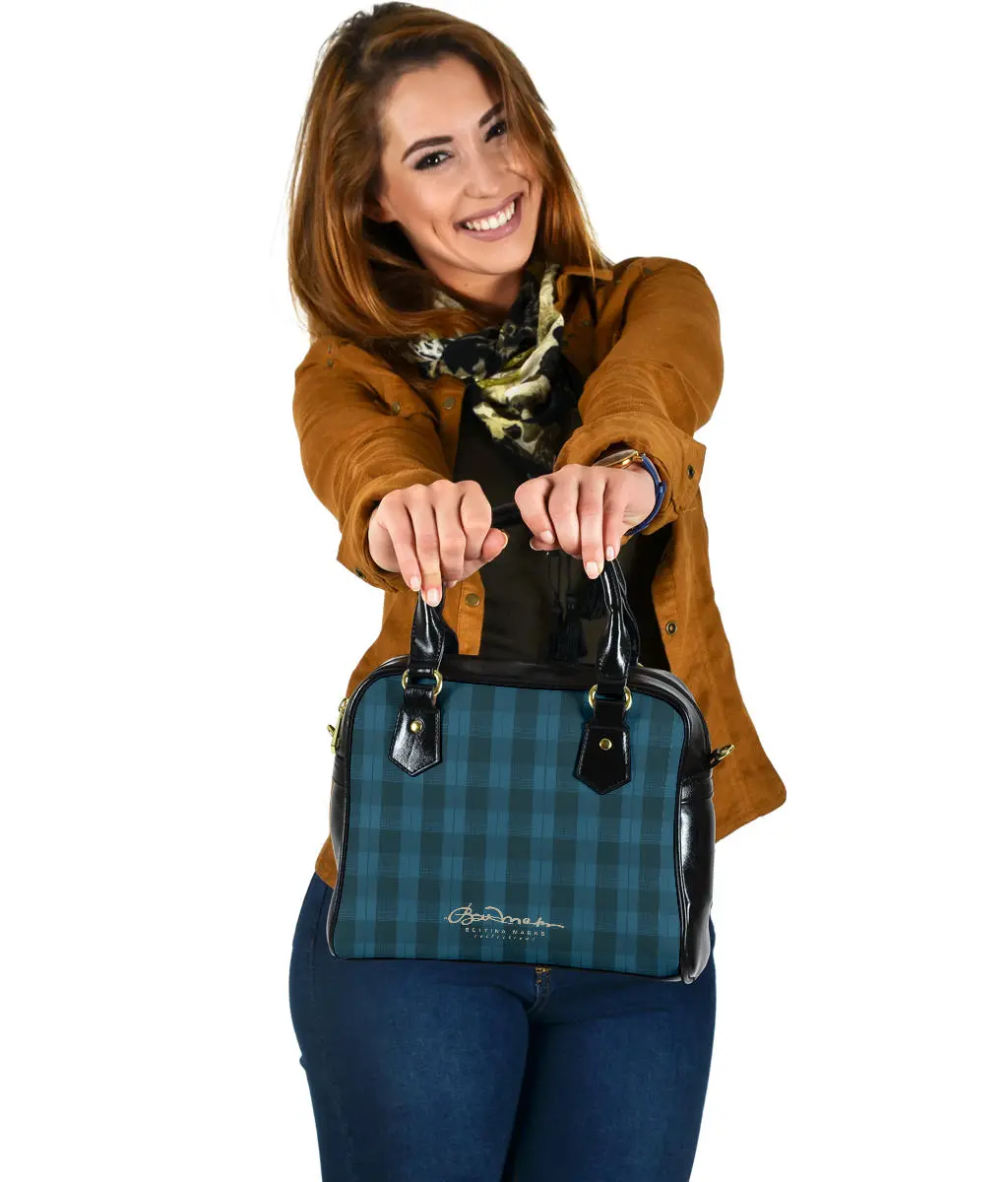 Teal Plaid Leather Hand Bag w Shoulder Strap