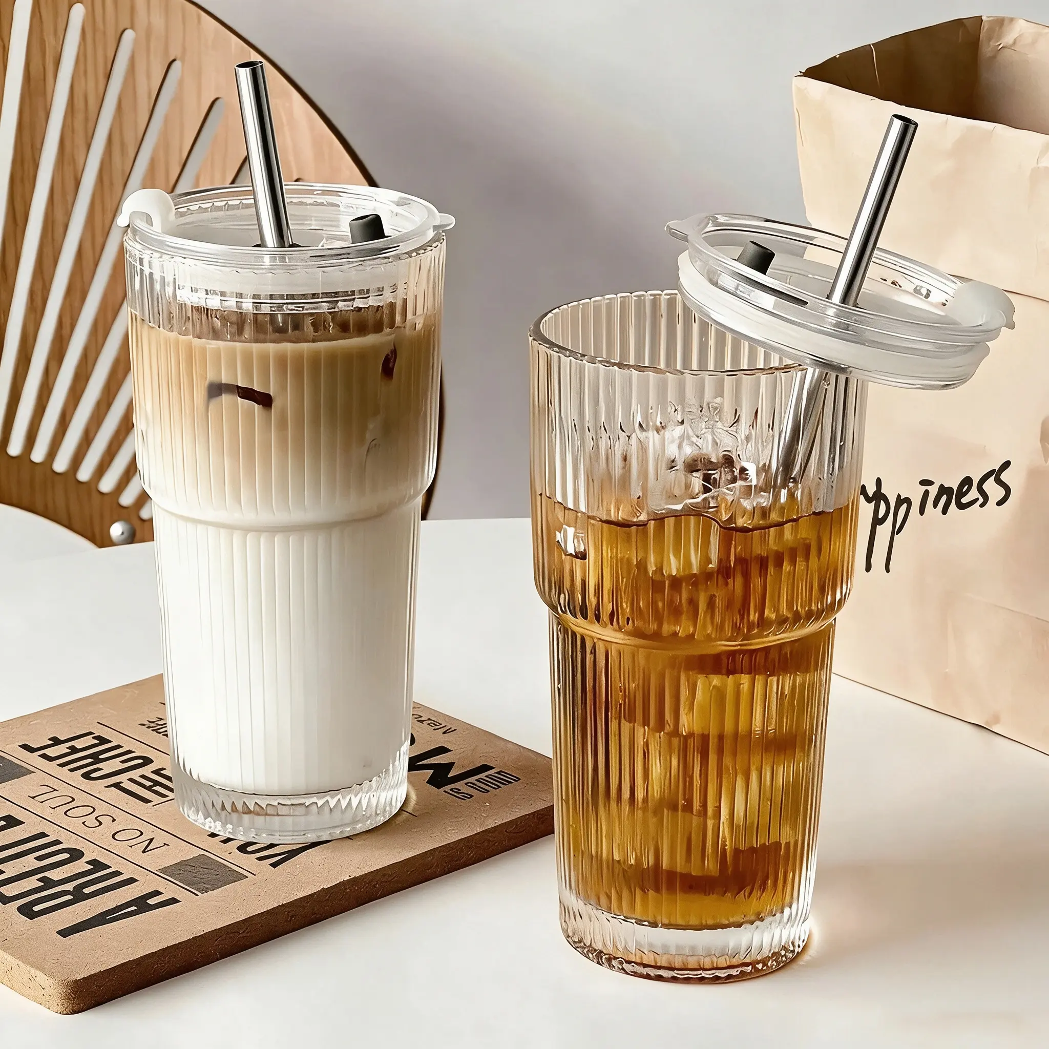 2pcs 20oz Glass iced coffee cup, glass cups with straws and LIDS, covered iced coffee cups, beverage glass cups, office, home and striped glass cups, glass coffee cups, iced coffee cups, beverage cups