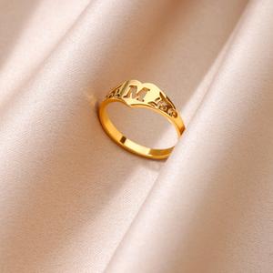 Women's Simple New Stainless Steel Gold Plated Hollow Heart A- Z 26 Letter Design Adjustable Ring
