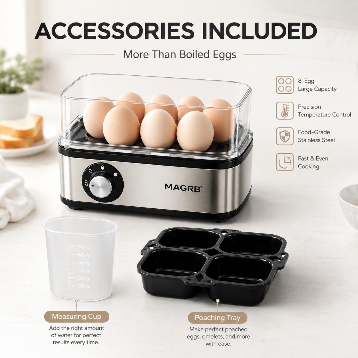 【DealsForYouDays】MAGRB Rapid Egg Cooker Electric 8 Egags Capacity, Soft, Medium, Hard Boiled, Poacher, Omelet Maker Egg Poacher With Auto Shut-Off, BPA Free
