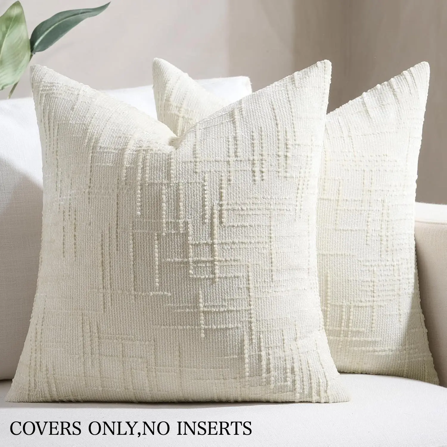 2Pcs Chenille Texture Neutral Farmhouse Throw Pillow Covers, Square Solid Decorative Cushion Cases 18x18inch, Sofa Bed Living Room Home Decor, Home Textile