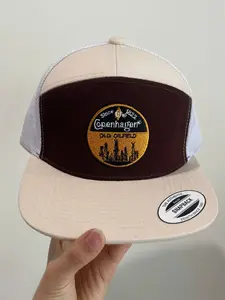 Vintage Oilfield 7-Panel Trucker Hat | Retro Copenhagen Style Snapback Cap | Brown Cream Country Workwear Mesh Baseball Hat for Men Women