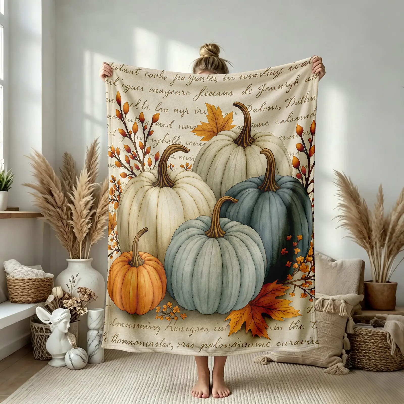 Super Soft Flannel Blanket Throw - Autumn Pumpkin & Yellow-Orange-Brown-Gray-White Foliage Print, Comfortable Sofa/Bed Cover, Winter Home Decor Accessory, Plush Lightweight Portable Multi-Purpose Blanket for Home Office Travel