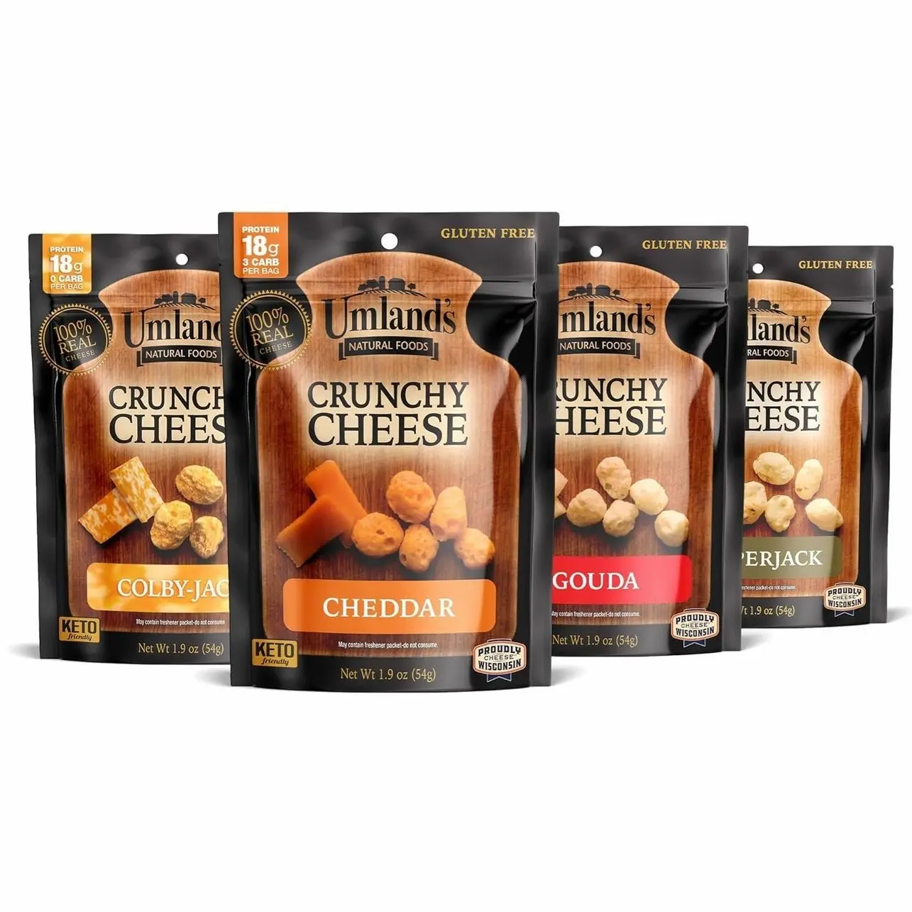 Umland’s Crunchy Cheese – Variety Pack (4 × 1.9 oz Bags) | Cheddar, Colby Jack, Pepper Jack, Gouda | Real Cheese, Keto, Low-Carb, High-Protein, Gluten-Free Snack