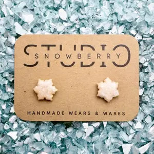 White Shimmer Frosted Mini Sugar Cookie Snowflake Studs | Unique, Handmade Polymer Clay Jewelry | The Perfect Christmas Gift!