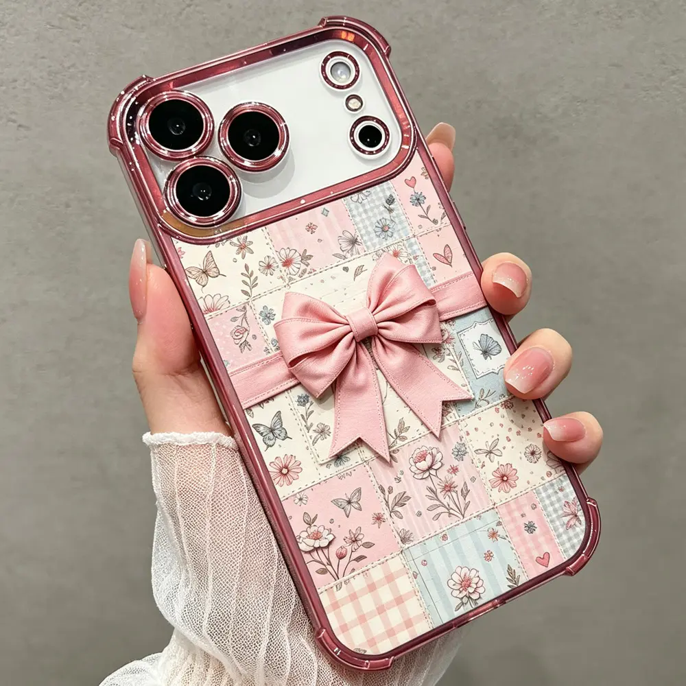 Pink Bow Floral Phone Case for iPhone 17 16 15 14 13 12 11 Pro Max Plus Air, Cute Butterfly Patchwork Clear TPU Shockproof Cover DDSJ260706002