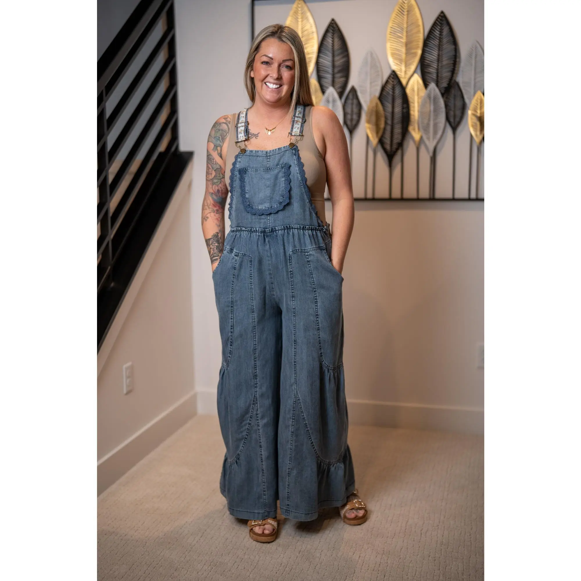 Easel Washed Chambray Wide Leg Overalls