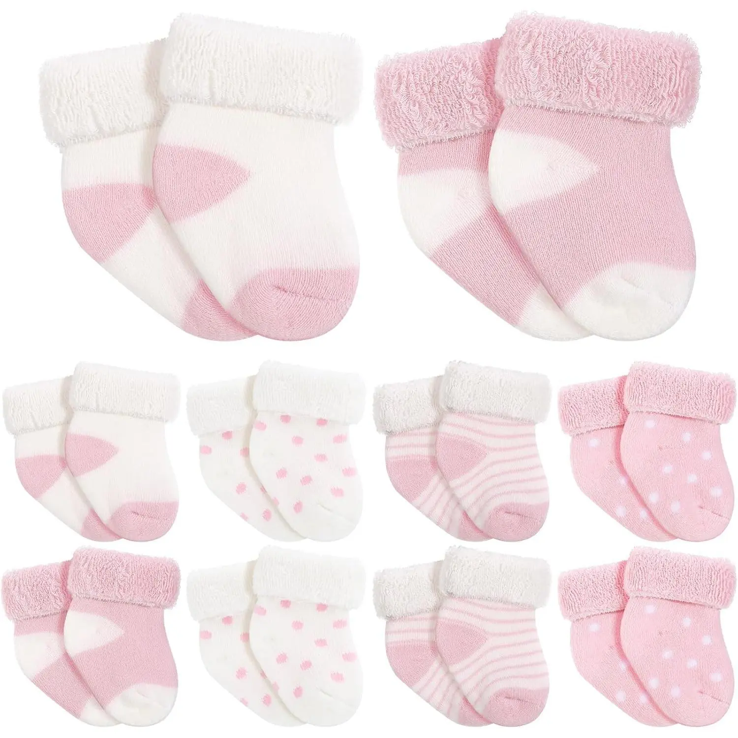 10 Pairs Preemie Sized Baby Socks, Soft Terry Cotton Turn Cuffs for Newborn Girls & Boys, Neutral Solid Colors for NICU, Preemie Sized Socks, Terry Cloth Socks