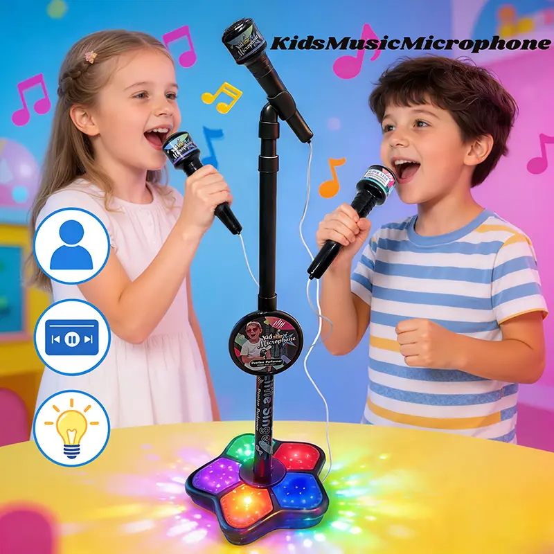 Kids Karaoke Microphone Toy with Adjustable Portable Stand, LED Stage Lights, Phone-MP3 Connectable Singing Machine, Girls' Birthday Gift