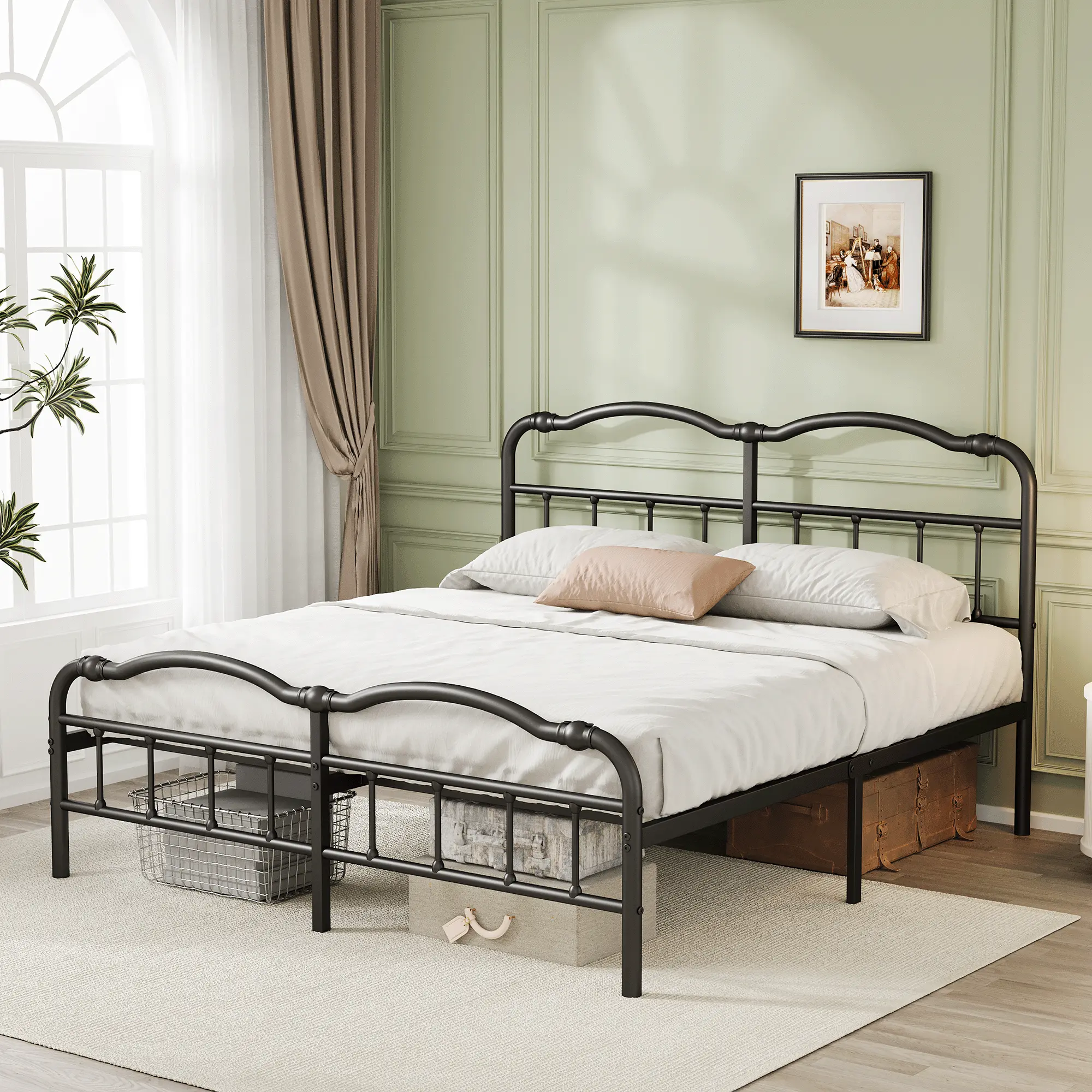 Aardhen Sturdy Platform Bed Frame, 14" High Double Wave Vintage Style, No Box Spring, Anti-Sway Heavy-Duty Steel Slat Support (2000-3500lbs), Easy Assembly Bedroom Furniture for Queen, King Size, California King Beds, Bed Frame King Size