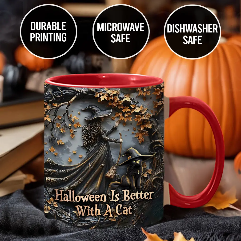 Stylish Printed Reusable Ceramic Coffee Cup - Halloween Cat & Witch Design, Spooky Season Beverage Drinkware, BLC6504 Kitchenware