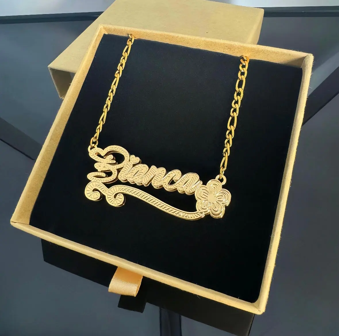 Custom Double Nameplate Flower Chain Necklace, Fashion Costume Jewelry Accessory