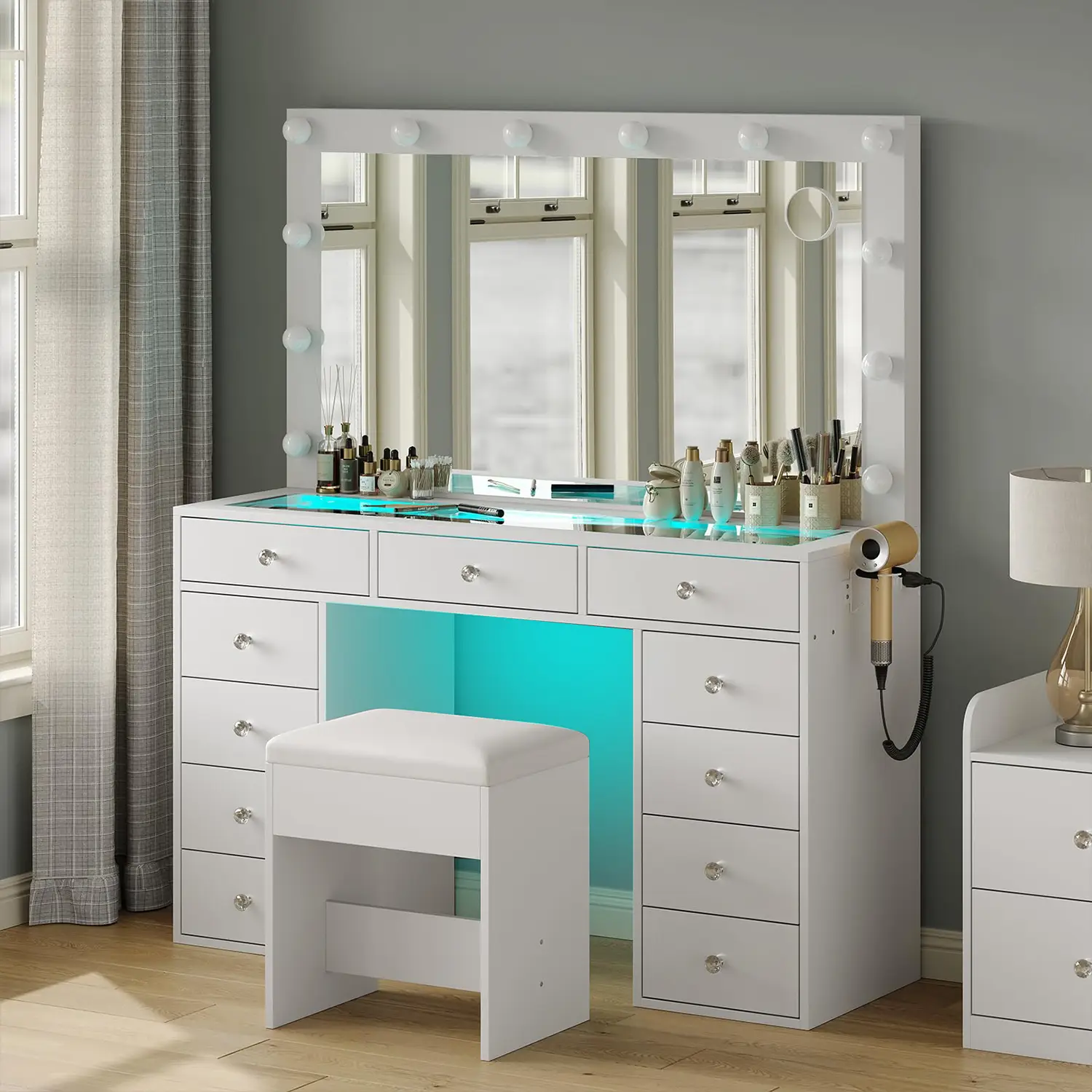 CollaredEagle Vanity Desk with Tempered Glass Topwith & Power Outlet, 11 Drawers Vanity Table with 3 RGB Drawers & Chair, Makeup Vanity with 12 LED Li