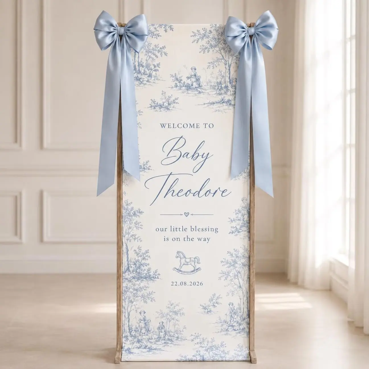 Personalized Blue Toile Baby Shower Welcome Sign, Toile De Jouy Baby Boy Banner, Elegant Custom Shower Entrance Decor