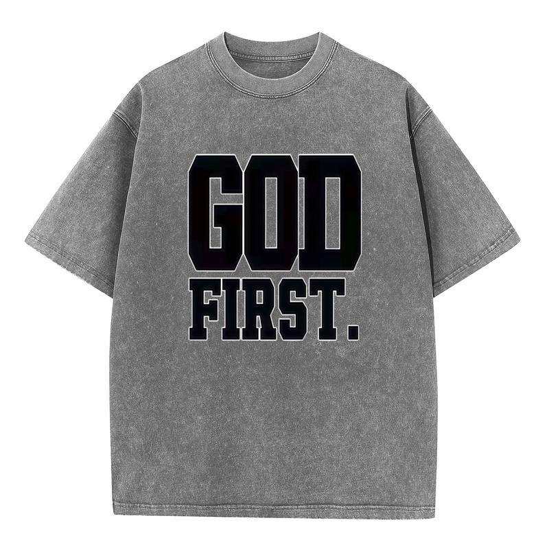 Women's Plus Size Cotton Fabric God First Christian Graphic T-Shirt - Oversized Vintage Washed Crewneck Short-Sleeve, Comfortable Formal Lady Casual Beach Top with Ideal Fit