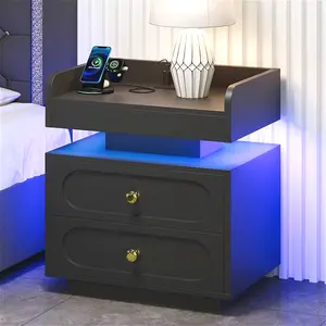 1/2pcs Nightstand With Charging Station, LED Night Stand With 2 Drawers, Modern Bedside Table With Gold Handle & Rounded Design, Side Table For Bedroom, Living Room, White/ Black