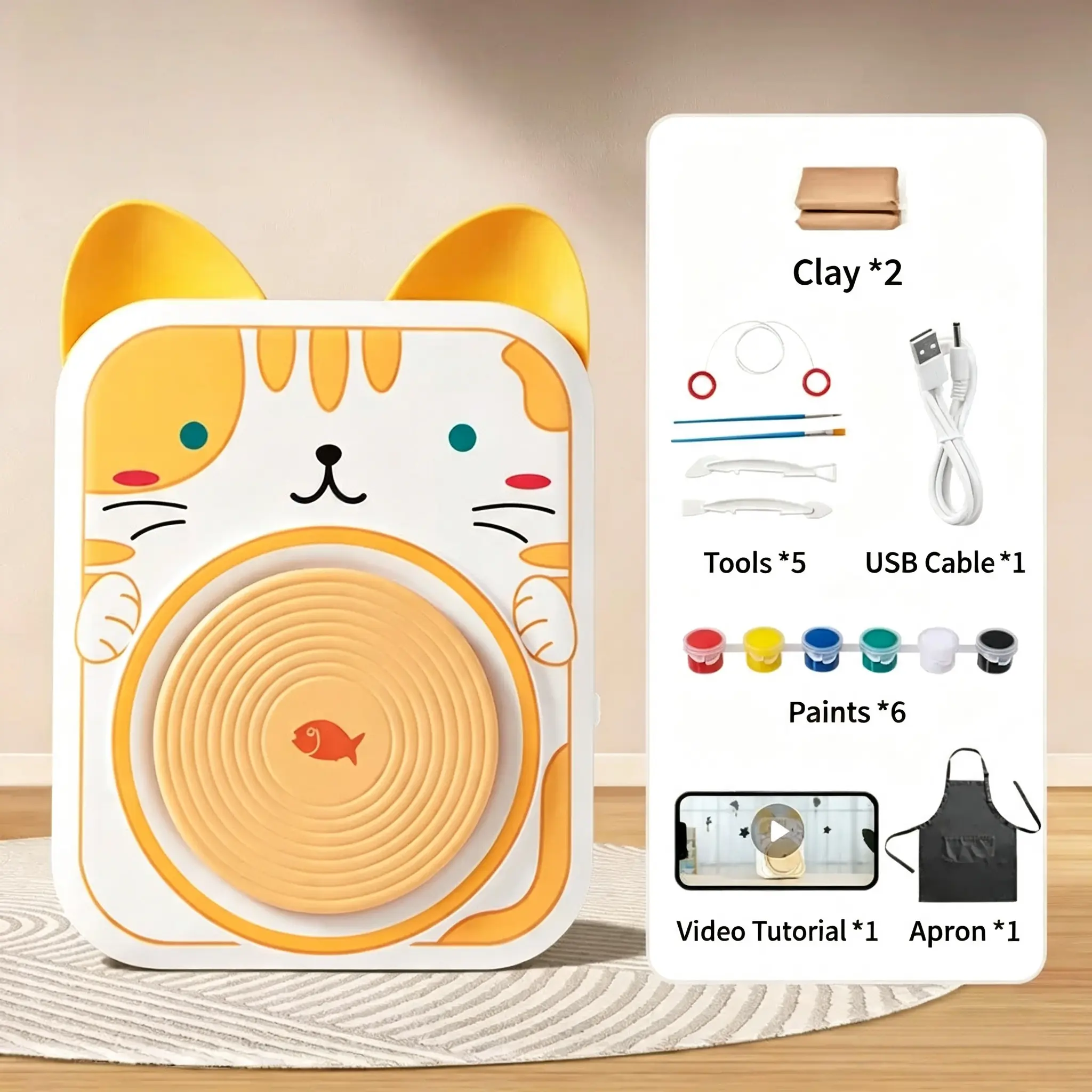 Electric Mini Pottery Wheel Kit, Cute Cat Shaped Pottery Making Machine with 2 Clay Blocks, 6 Paint Colors, Sculpting Tools, USB Charging Cable, Video Tutorial & Apron, DIY Handmade Ceramic Craft Set for Hobbyists & Art Lovers