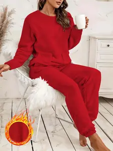 Women's Casual Fleece Tracksuit Set, Round Neck Long Sleeve Pullover & Pants, Fall Winter Warm Home Wear, Christmas Sleepwear, Loungewear