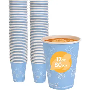 Compostable Disposable Coffee Cups, 12oz (355ml), 80 Pack, Winter Blue, Paper Cups Made from Bamboo, Eco-Friendly, Biodegradable, Premium Party Cups