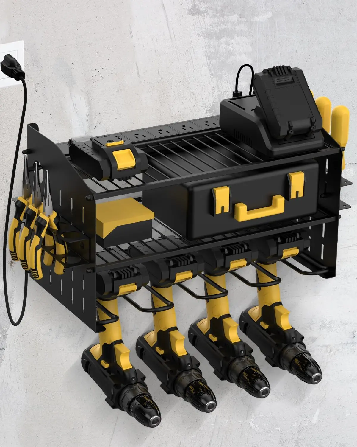 Power Tool  Station - 3 Layer Wall Mount Power Tool Organizer with  Station for Power Drill, 6AC Outlets,  as Heavy Duty Tool Rack & Tool Holder for Garage Organization