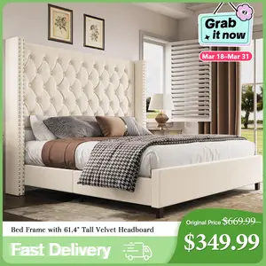 [Spring Sale] AMERLIFE 61.4" Tall Bed Frame, Modern Upholstered Bed, Wingback Headboard, Velvet Tufted Handcrafted Pleat Deep Button/Comfort Luxury Design/Interior Wood Slats/No Box Spring Needed, Queen/King Size/Best Gift Ideas/Christmas Gifts