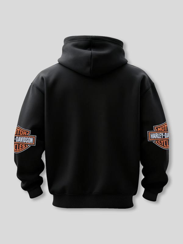 Harley Style Brand Logo Printed Hoodie Sweatshirt, Fitted Long Sleeve Hoodie with Pockets, Fall & Winter Fashion