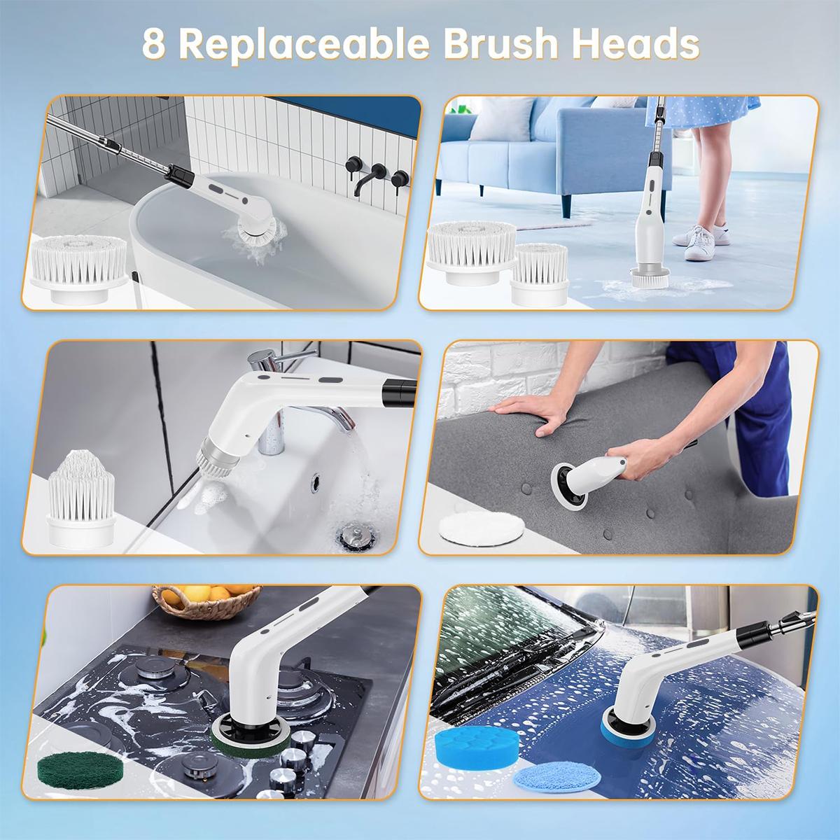 Electric Spin Scrubber, Cordless Shower Scrubber IPX7 Waterproof Power Scrubber, Electric Cleaning Brush with 9 Replaceable Brush Heads, Adjustable Extendable Handle, 5 Speed Modes for Bathroom, Shower, Tile, Tub, Kitchen & Household Cleaning Supplies