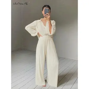 Mnealways18 Beige Pleated Wide Leg Pants Womens Pants Fashion Casual Loose Trousers Office Lady Elegant Long Palazzo Pants