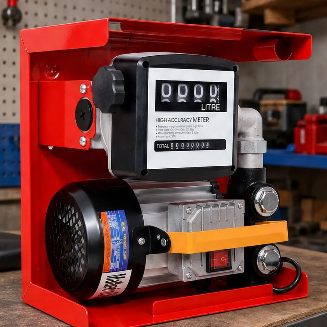 110V Self-Priming Diesel Fuel Transfer Pump Kit with Manual Nozzle, Electric Oil Pump with Flow Meter, 13FT Hose & Fuel Nozzle Assembly, 60L/min 16GPM Heavy-Duty Iron Construction for Kerosene Transfer, Red Steel, Red Color Options