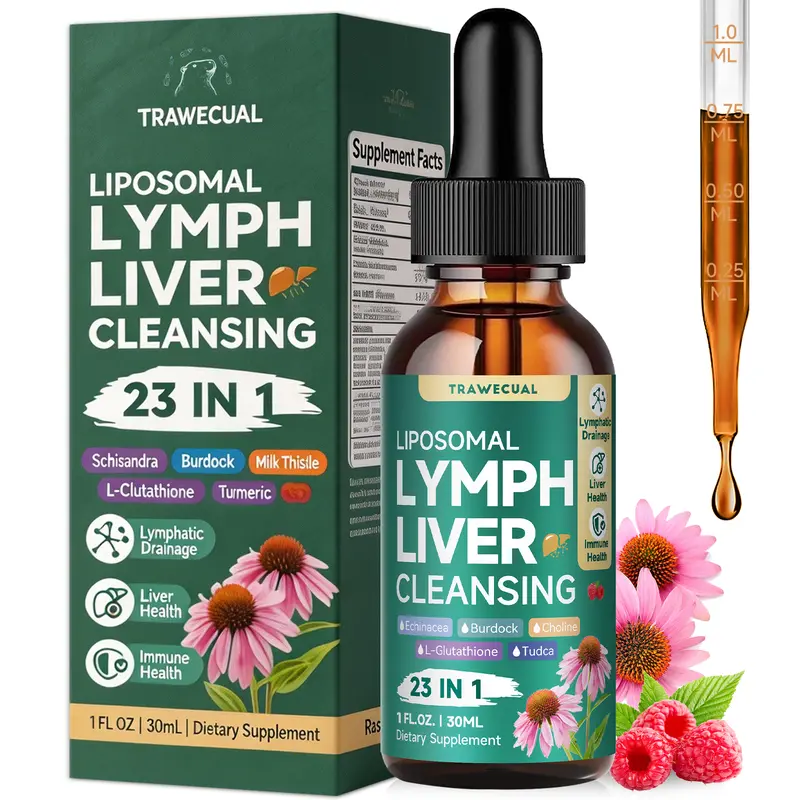 23-in-1 Organic Liposomal Lymphatic Drainage Drops, Herbal Antioxidant Liquid Supplement, Lymph & Liver Support with Burdock Root, Dandelion & Echinacea, Fast Absorption for Adults, 1 Fl oz