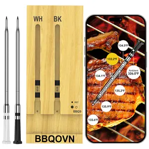 Wireless Digital Meat Thermometer, WiFi Portable LCD Thermometer with Wooden Base, IP68 Waterproof Kitchen Gadget, Oven Grill BBQ Cooking Tool, Accurate Temperature Reader, Holiday Gift for Home Chefs instant read
