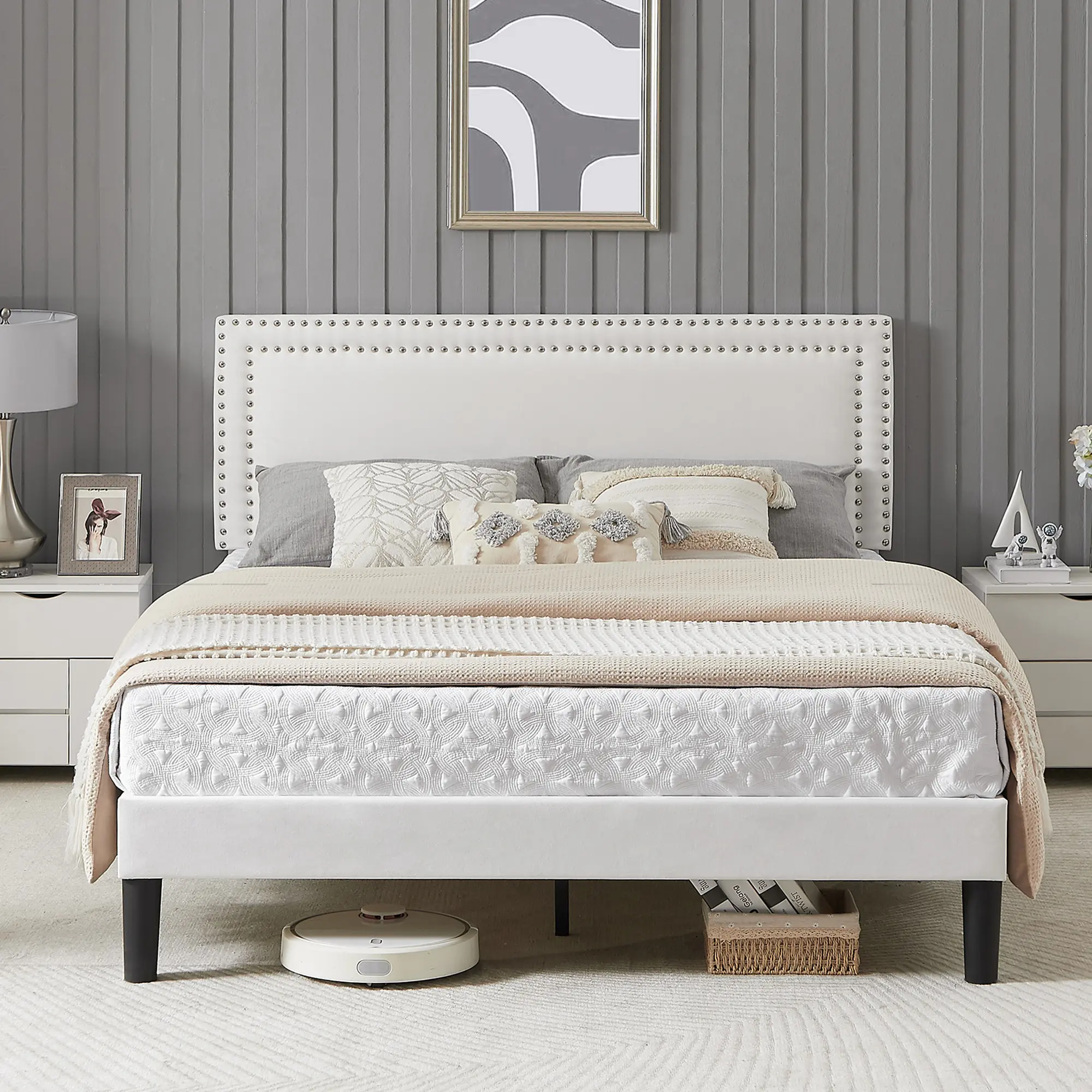 VECELO Queen Bed Frame Upholstered Platform, Adjustable Headboard with Button Tufting, with Wood Slat Support, Black, White, Blue, Green