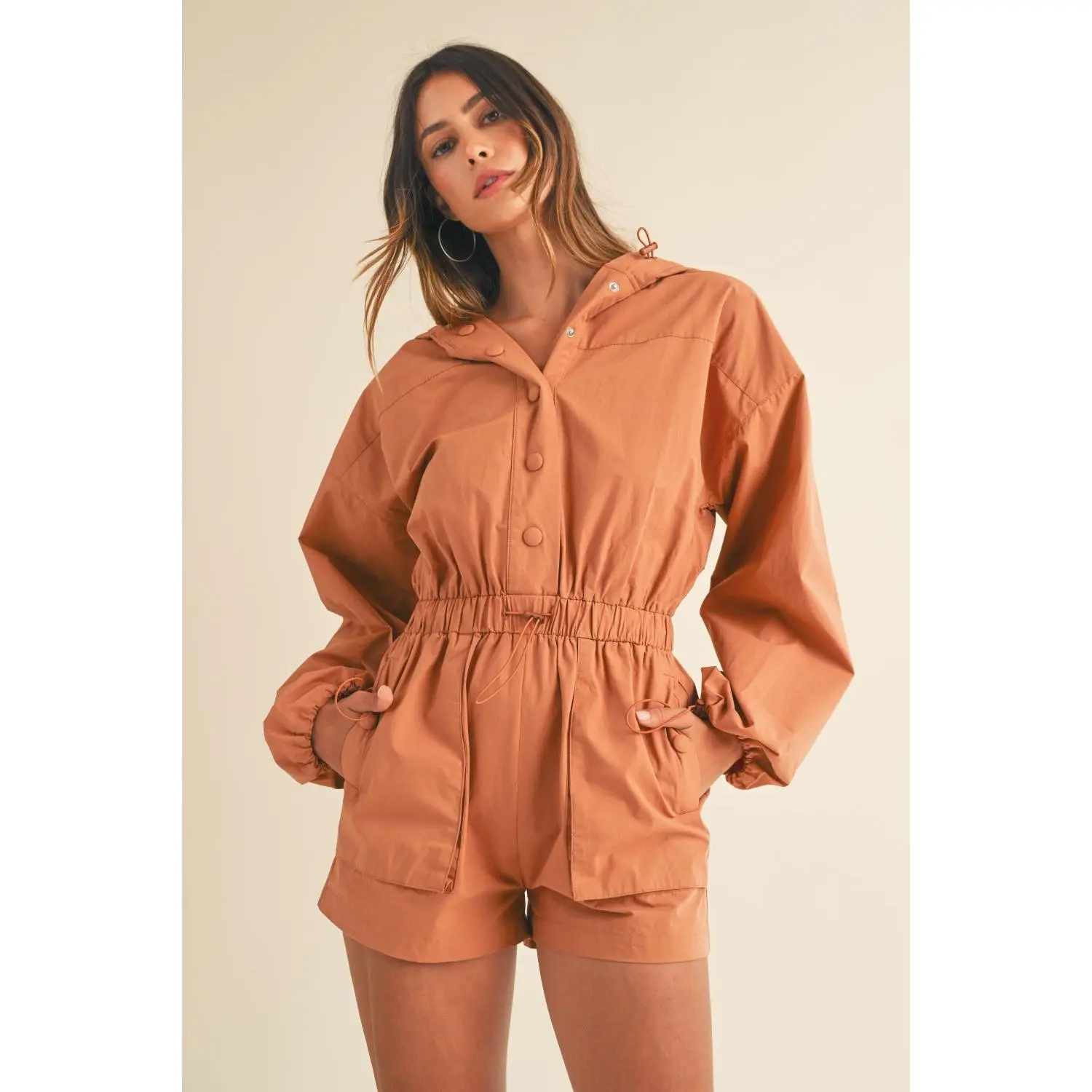 Mable Snap Down Long Sleeve Hooded Romper