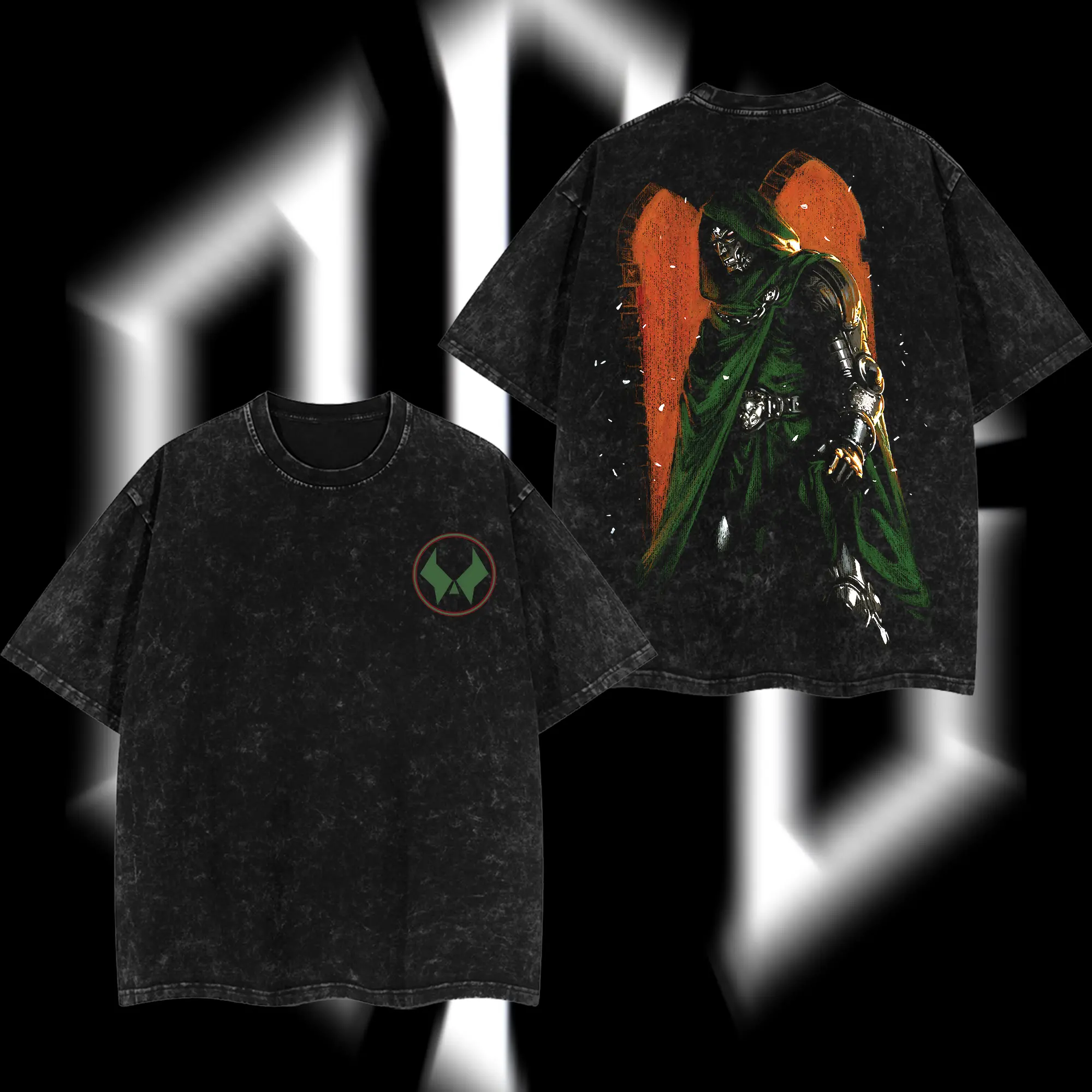 SuperStyle Dr.Doom "The Masked Tyrant" MCU Edition Oversize Seamless Soft Shortsleeve Cotton T-Shirt, Double-Printed Acid-Washed Lightweight Apparel, Round Neck Black Comic Superhero TV Series Graphic Streetwear (Menswear)