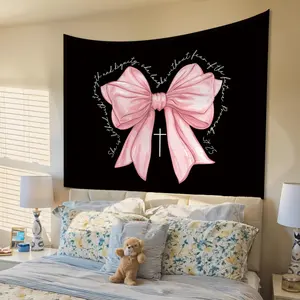 Valentine's Day Gift 2026 Coquette Pink Bow & Aura Gradient Tapestry Aesthetic Wall Hanging for Dorm & Bedroom Positive Quotes & Christian Bible Verse Decor
